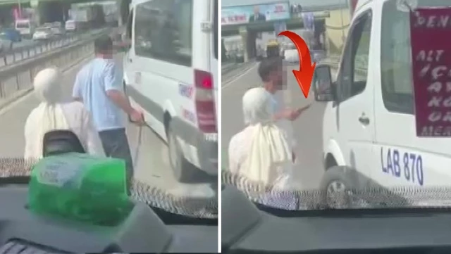 Minibüs şoförü tartıştığı sürücüye bıçak çekti, sakinleştirmeye çalışan kadına tekme attı