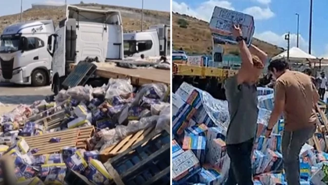 İsrailliler Gazze’ye yardım taşıyan kamyonlardaki malzemeleri yola döktü