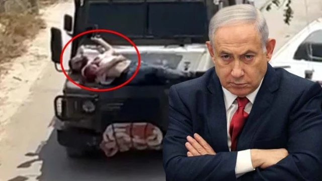 İsrail askerleri skandallara doymuyor! Yaralı Filistinliyi aracın önüne kalkan yaptılar