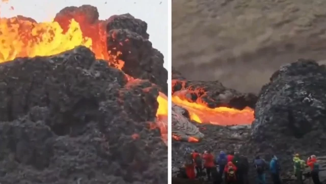 İzlanda’da yine yanardağ patladı! Lavların metrelerce yükselişi kamerada