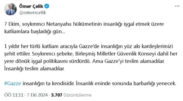 AK Parti’li Çelik: İnsanlık eninde sonunda barbarlığı yenecek