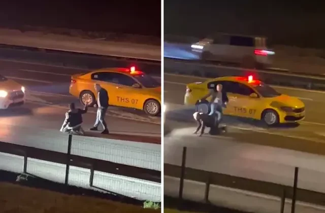 Taksi şoförü, ücretini ödemeyen yolcuyu akan trafikte tekme tokat dövdü