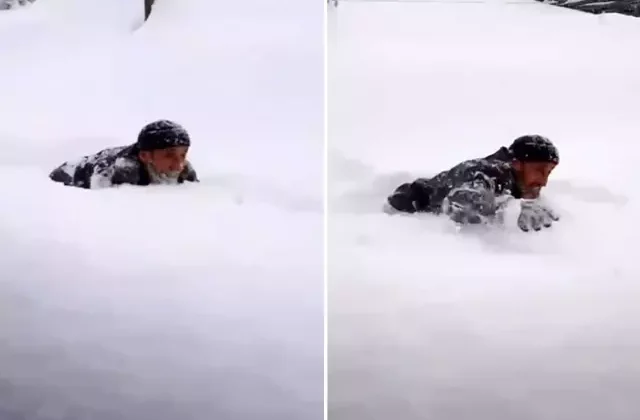 Görüntü Türkiye’den! 2 metre kalınlıktaki karda yüzerek ilerledi