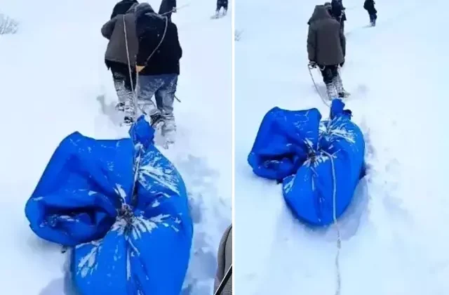 Görüntü Türkiye’den! Cenazeyi brandaya sarıp sürükleyerek götürdüler