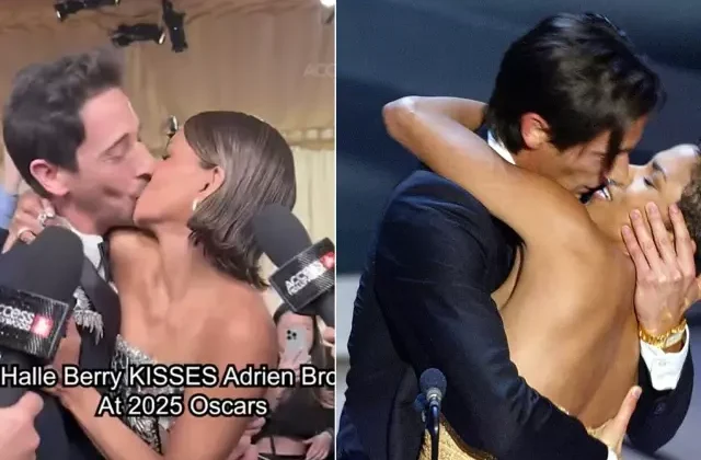 22 yıl önceye gönderme! Halle Berry, Adrien Brody’yi eşinin yanında dudağından öptü