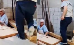 Fırında hijyen skandalı! Pide yapılan tezgahta terlikle gezdi