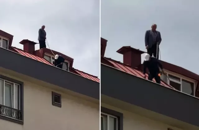 Çatı tadilatı yapan işçi beline ip bağlayarak güvenlik önlemi aldı
