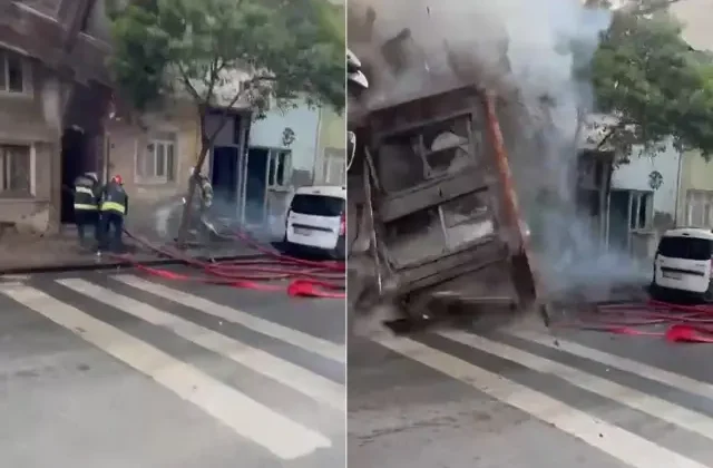 Dehşet anları kamerada! Yanan bina itfaiye erlerinin üzerine çöktü