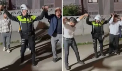 Düzce’de trafik polisi, düğün nedeniyle trafiğe kapanan yolu açtıktan sonra halaya katıldı