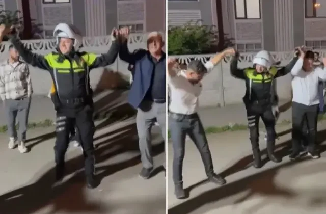 Düzce’de trafik polisi, düğün nedeniyle trafiğe kapanan yolu açtıktan sonra halaya katıldı
