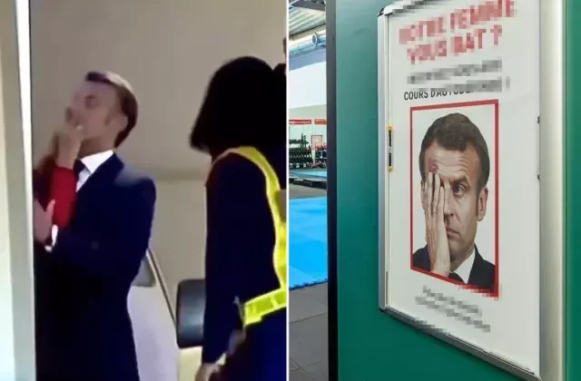 Eşinden tokat yiyen Macron rezil oldu! Afişte yazan slogan bomba