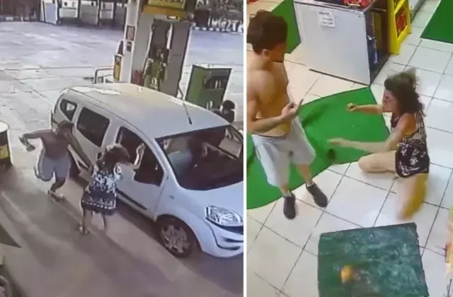 Fethiye’de akaryakıt istasyonunda bir kadına şiddet kamerada