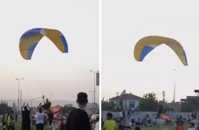 Galatasaray bayraklı paraşütüyle Fenerbahçelilerin içine daldı