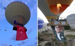Kapadokya’da gökyüzü Türk bayrakları ve Atatürk posterleriyle süslendi