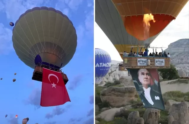 Kapadokya’da gökyüzü Türk bayrakları ve Atatürk posterleriyle süslendi