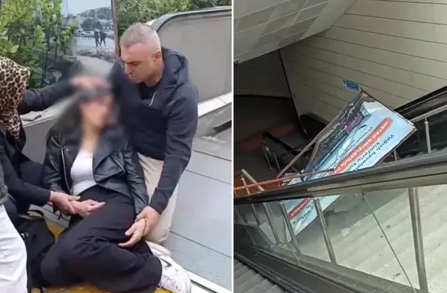 Metro istasyonunda yürüyen merdivenlerde reklam panosu genç kadının üzerine düştü