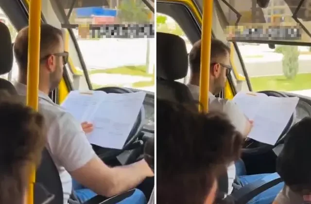 Minibüs şoförü seyir halinde ders çalıştı