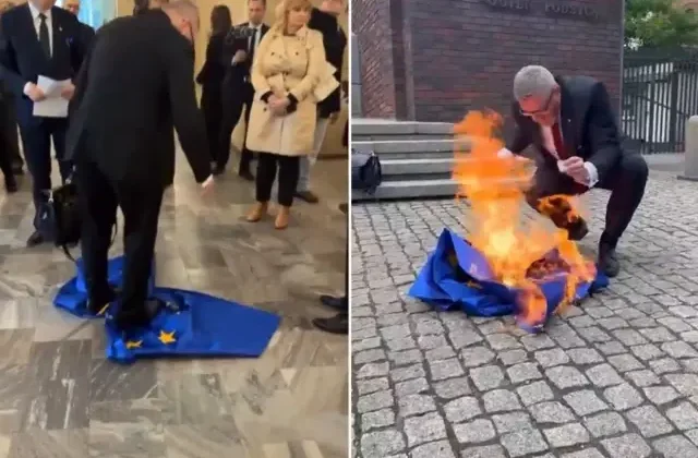 Polonya’da cumhurbaşkanı adayından ilginç protesto! AB bayrağıyla ayaklarını sildi