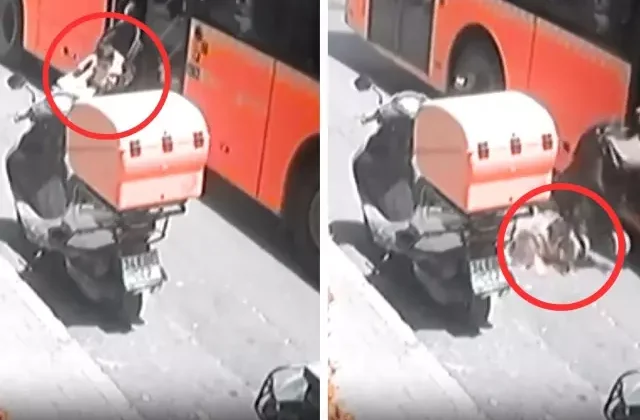 Şoförün dikkatsizliği faciaya neden oluyordu! Bebek arabası kapıya sıkıştı, çocuk yere düştü