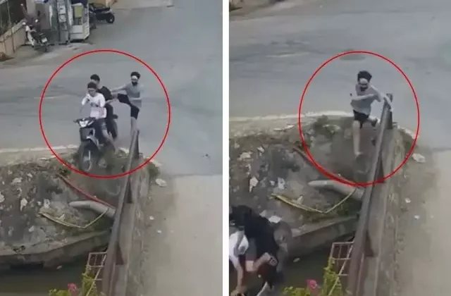 Sulama kanalına uçan motosikletten son anda köprüye tutunarak kurtuldu