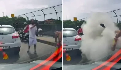 Trafikte ilginç anlar! Bıçağı görünce yangın tüpünü sıkmaya başladı