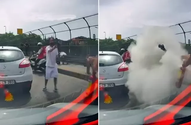Trafikte ilginç anlar! Bıçağı görünce yangın tüpünü sıkmaya başladı