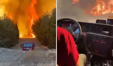 Alevlerin arasında kalan orman ekibi son anda kurtuldu