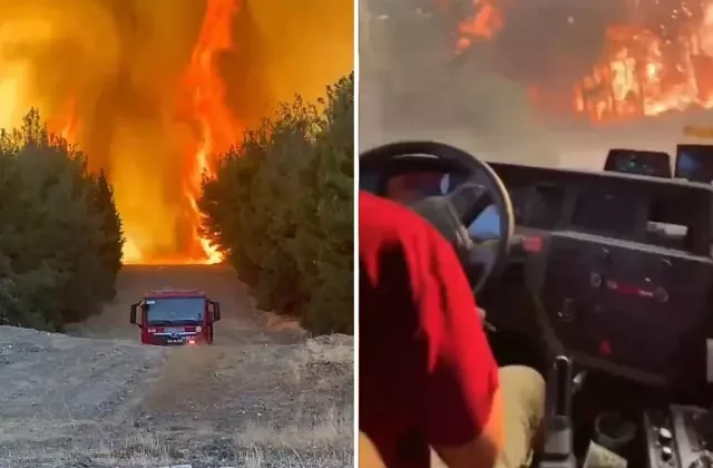 Alevlerin arasında kalan orman ekibi son anda kurtuldu