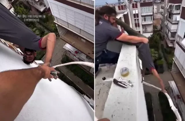 Metrelerce yükseklikte, canlarını hiçe sayarak klima montajı yaptılar