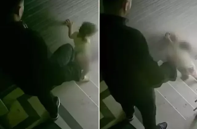 Öz evladına merdivenlerde tekme atan sözde baba gözaltına alındı