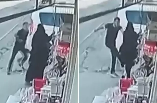 Sokak ortasında eşine tekme ve yumrukla saldırdı