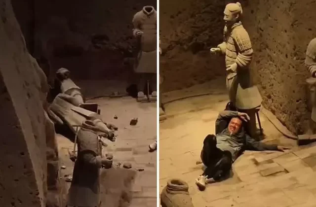 Turist, güvenlik bariyerlerini aşıp 2.000 yıllık heykellere zarar verdi