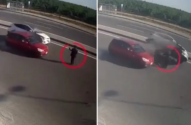 Aniden yola çıkan yaya, trafiği birbirine kattı