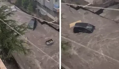 Ankara’da yağış kabusu! Sular bir aracı böyle sürükledi
