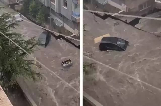 Ankara’da yağış kabusu! Sular bir aracı böyle sürükledi