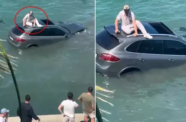 Denize uçan lüks cipin üzerinde dakikalarca kurtarılmayı bekledi