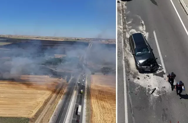 Edirne’de çıkan anız yangını kara yoluna ulaştı: 5 aracın karıştığı kazada 1 kişi yaralandı