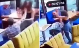 Kadın garson kendisine tokat atan müşteriyi tekme tokat dövdü
