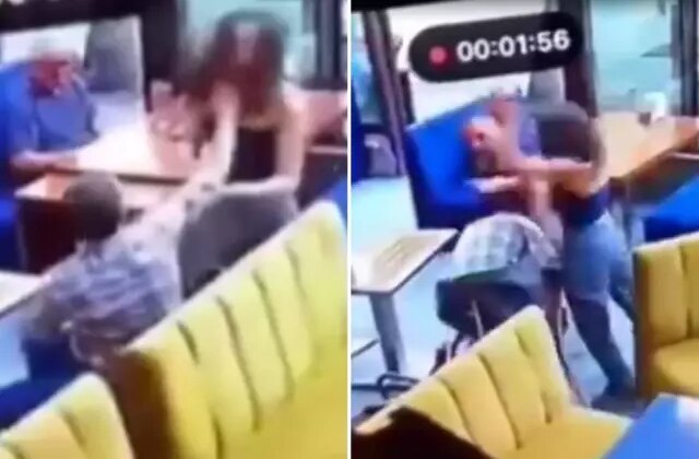Kadın garson kendisine tokat atan müşteriyi tekme tokat dövdü