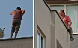Eşine kızıp çatıya çıktı, ekiplere köşe kapmaca oynattı