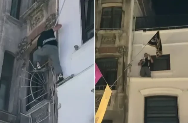 Leman protestoları sırasında binaya tırmanıp Tevhit bayrağı astı