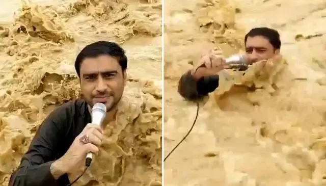 Sel sularının içinde yayın yapan muhabir akıntıya kapıldı
