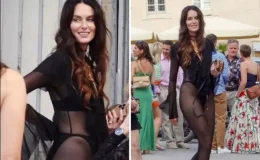 Ünlü modelden görülmemiş düğün kıyafeti! Kimse geline bakmadı