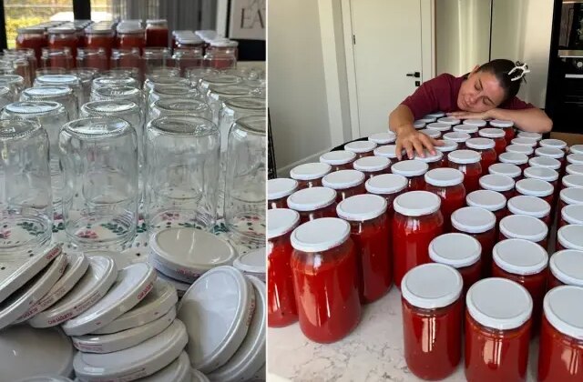 12 kilo veren Merve Özbey’den kış hazırlığı! Kavanozlarca domates sosu yaptı