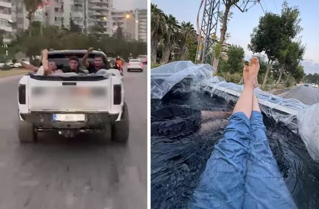 Aracın kasasını havuza çevirip arkadaşlarıyla gezerken 60 bin TL ceza yedi
