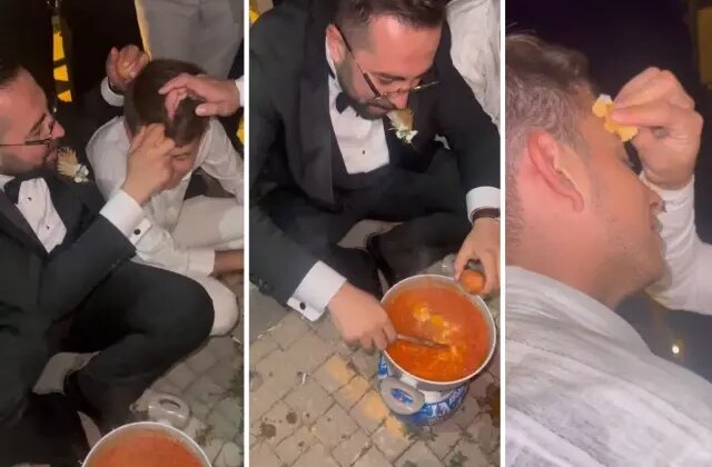 Damadın menemen şovu: Yumurtayı arkadaşının kafasında kırdı