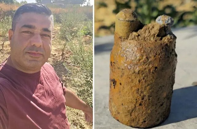 Zeytin bahçesini sularken bulduğu cisim asırlık top mermisi çıktı