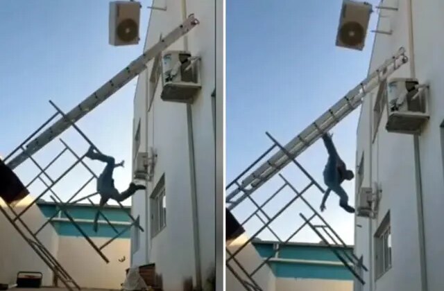 Sırtındaki klimayla birlikte metrelerce yükseklikten düştü