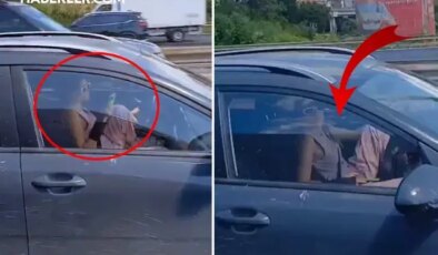 Sürücüdeki rahatlığa bak! Trafikte akılalmaz görüntüler