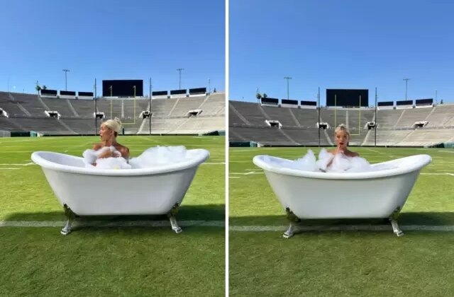 Ünlü kadın sporcu, futbol sahasına küvet koyup çıplak poz verdi
